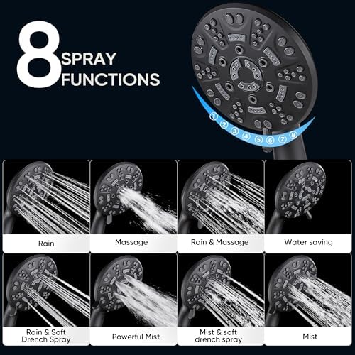Cobbe 8-Setting Handheld Shower Head, Water-Saving Design, Matte Black - Image 2