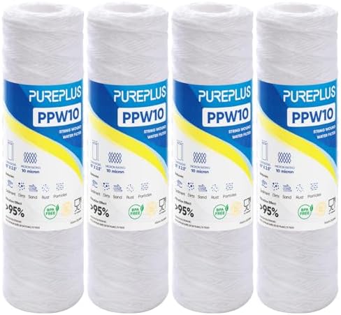 PUREPLUS 10 Micron 10"x2.5" Whole House String Wound Sediment Filter 4 Pack by PUREPLUS