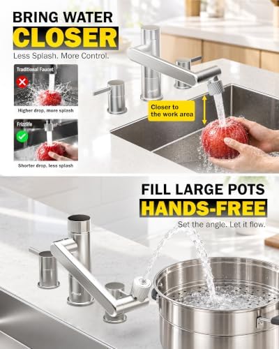 Frizzlife MF1080-X 8-Inch Widespread Bathroom Sink Faucet with Built-In Carbon Block Water Filter, NSF/ANSI 372 Certified, 3-Hole Kitchen Sink Faucet, 1080° Rotating, Stream/Spray, 304 Stainless Steel - Image 5