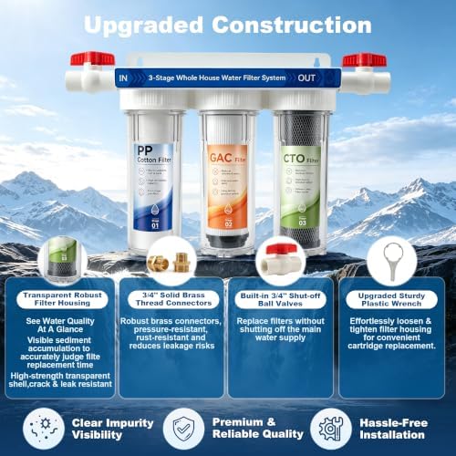 3-Stage Whole House Water Filter System, 9 Filters, 0.5μm PP GAC CTO, 1.5-2 Yrs Filter Supply. 15GPM, 3/4" NPT Brass Ports & 2 Valves. Reduces Chlorine, Sediment & Odors for Drinking, Cooking & Bath - Image 6