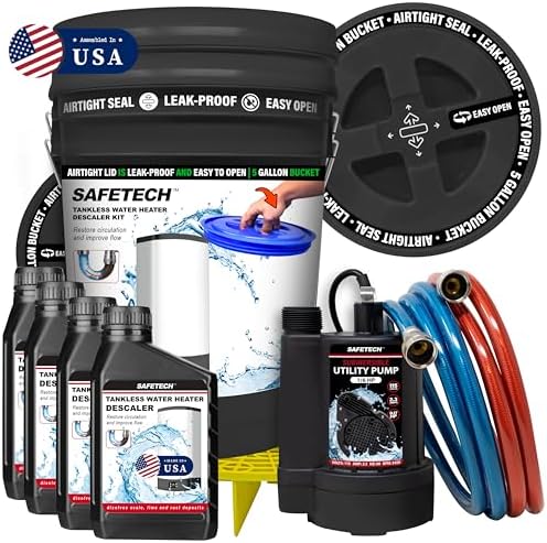 Safetech Tankless Water Heater Flushing Kit with 5-Gallon Screw-Top Lid, Premium Hoses, 1/6 HP Utility Pump, 4 Quarts Descaler, and Pump Grate by SafeTech