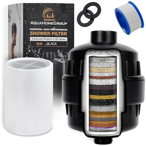 AquaHomeGroup 20 Stage Shower Filter with Vitamin C and E - Reduces Chlorine, Heavy Metals and Sediment - 2 Cartridges Included - High Pressure - Black by Aquahomegroup
