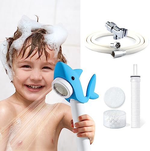 Barumi Livo Filtered Showerhead for Kids Combo Set | Shark Blue | Children's Handheld Shower Heads with PVC Hose & Shower Holder by Barumi