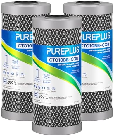 PUREPLUS Lead Reduction Carbon Water Filter 10" x 4.5" 5 Micron, Whole House Activated Cartridge for Chlorine, Rust, Sediment, Replacement for GXWH40L GXWH35F BB10 FXHTC FC15B, 3 Pack by PUREPLUS