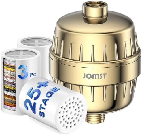 25 Stages Shower Filter with 3 Cores - Maximize Shower Sediment Filtration & Reduce 97.45% Chlorine in Shower Water - For Softer Skin & Shinier Hair - Gold by Jomst