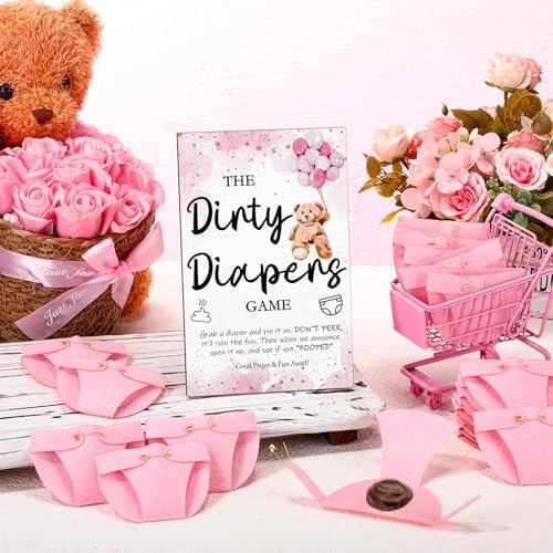 Roowest 51 Pcs Dirty Diaper Baby Shower Games, Pink Bear - Image 4