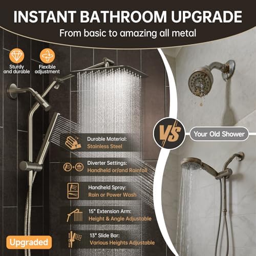 Veken All Metal 10" Luxurious Brushed Nickel Rain Shower Head with Handheld - Image 6