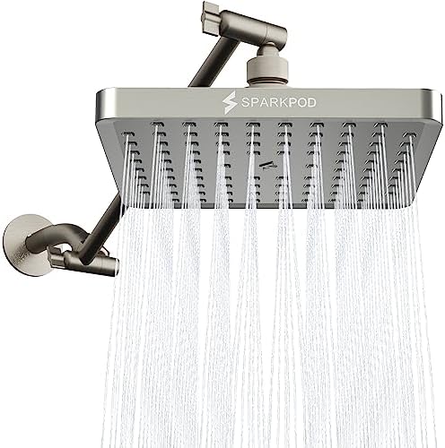 SparkPod Square Rain Shower Head with Extension Arm - Height Adjustable Shower Head with High Pressure Performance - Easy 1-Minute Installation (8" Square, Elegant Brushed Nickel) by SparkPod