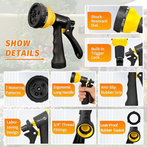 AUTOMAN-Garden-Hose-Nozzle, 2 Pack ABS Water Spray Nozzle with Heavy Duty 7 Adjustable Watering Patterns,Slip Resistant for Watering Plants,Lawn& Garden,Washing Cars,Cleaning,Showering Pets - Yellow - Image 3