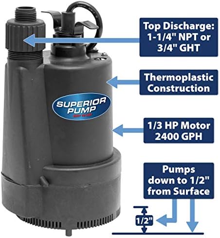 Superior Pump 91330 2400GPH Thermoplastic Submersible Utility Pump with 10-Foot Cord, 1/3 HP - Image 2