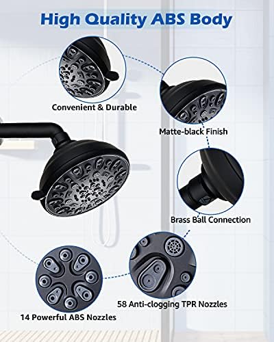 High Pressure Shower Head VMASSTONE 4.7" Rain Fixed Showerhead 7-Spray Setting with Adjustable Brass Swivel Ball Joint - Excellent Replacement for Your Bath Shower Head (FM-001 Matte Black) - Image 4