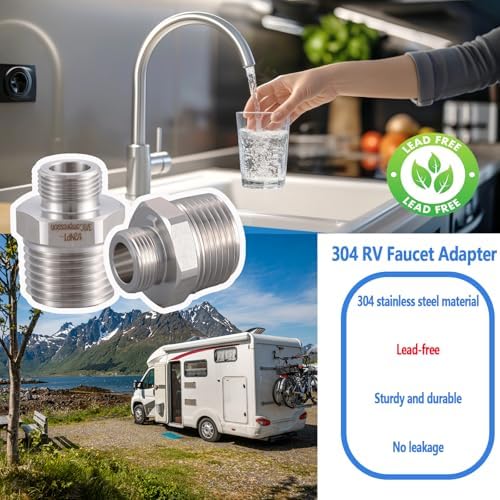 304 RV Faucet Adapter（Lead-Free）, 1/2 to 3/8 reducer faucet adapter - Stainless Steel 3/8 Compression Fittings, Water Supply Fitting for RV Kitchen Piping, (Set of 2) - Image 2