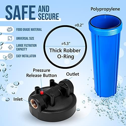 High Capacity 20 x 4.5” Blue Whole House Water Filter Purifier System with Presser Relief Button, 1” Inlet/Outlet Brass Port & Yearly Supply (3) Coconut Shell Activated Block Carbon Cartridges - Image 2