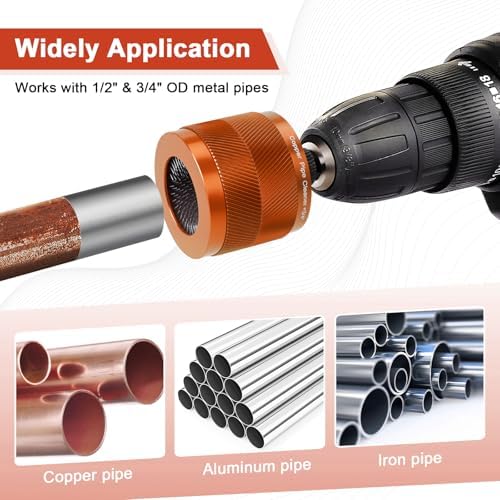 1/2" & 3/4" Copper Pipe Cleaner Set for Drill, with 1/4" Hex Shank & 6 Brush Blades & 2 Pipe Cleaning Brush, Plumbing Tools for Removing Rust, Stains & Paint from Copper & Metal Pipes, Orange - Image 4