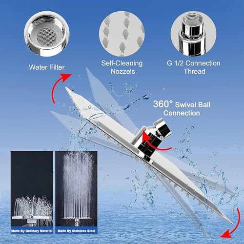 NearMoon Filtered Shower Head, High Pressure 8″Square, 5 settings Handheld Rain Shower Filter Combo with Self-adhesive Holder/1.5M Hose -1 Replaceable Filter Cartridge (Chrome Finish) - Image 4