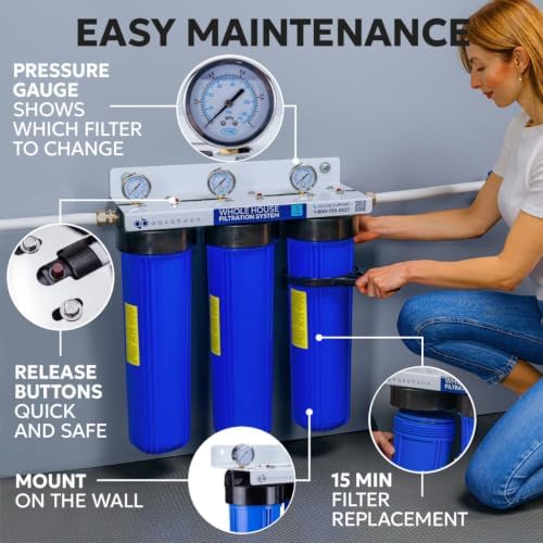 Aquaboon 3-Stage Whole House Water Filter System Against Chlorine & Sediment with 20x4.5 Water Filters Cartridges, Gauge & Release, Wrench, Bracket - Image 4
