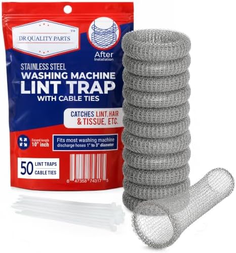 Lint Traps for Washing Machine Hose - Washer Hose Lint Trap Mesh, Stainless Steel Hair Catcher, Laundry Drain Filter, Rust-Free Pet Hair Sock, Nylon Cable Ties, 29cmx6.5cm - 50-Pack by DRQualityParts