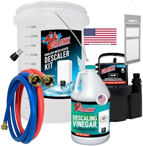 DrainX Tankless Water Heater Flushing Kit Includes Pump, Hoses, 5-Gallon Bucket, Concentrated Vinegar, and Replacement Filter for Rinnai Systems by DrainX