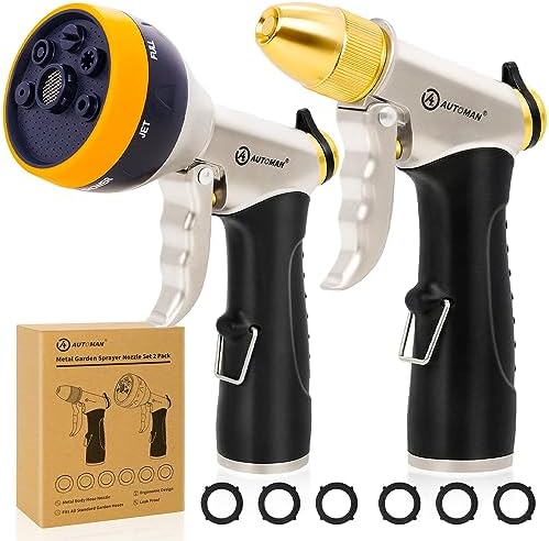AUTOMAN Garden Hose Nozzles - High Pressure 100% Metal Hose Sprayer 2 Pack, Heavy Duty Garden Watering Nozzle Set, Powerful Garden Nozzle for Watering Plants, Window Cleaning,Washing Cars,Pets Bathing by AUTOMAN