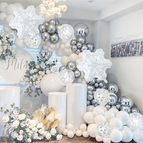 Winter Wonderland Snowflake Balloon Arch Garland Kit, 116PCS White and Silver Latex Balloons with Snowflake Foil Balloons for Winter Onderland New Year Wedding Birthday Christmas Party Decorations - Image 6