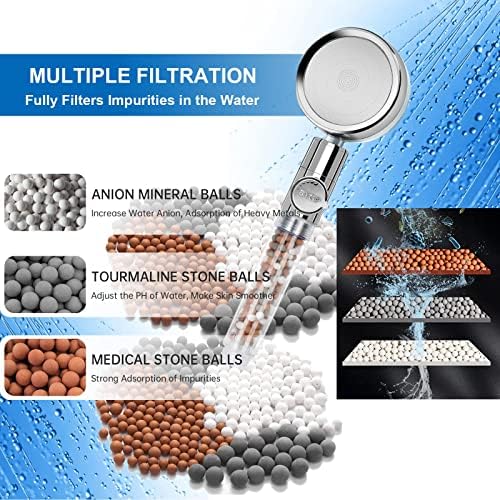 Filtered Shower Head, High Pressure Water Saving Showerhead with Filter Beads, Handheld Fan Shower Kit with Stainless Steel Hose, Wall & Overhead Brackets ect.-Silver - Image 3