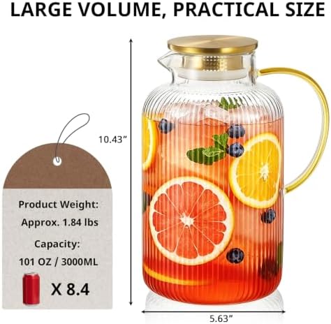 Bivvclaz 3 Liter 101 oz Stripes Gold Glass Pitcher with Lid and Handle - Image 2