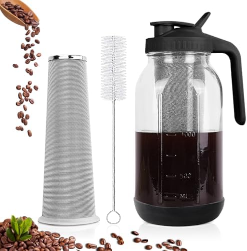 Cold Brew Coffee Maker, 64 oz Mason Jar Pitcher with Stainless Steel Filter, Pour Spout Handle Lid, Airtight & Leak-Proof for Iced Coffee,Tea & Lemonade (Black, 64 oz with short silicone sleeve) by QHH