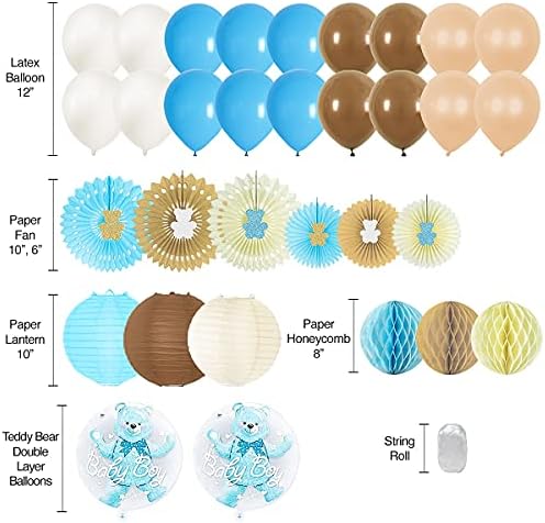 Teddy Bear Baby Shower Decorations for Boy - 210 Pc We Can Bearly Wait Party Kit with Blue Brown Balloons, It's a Boy Banner, Bear Garland, Guest Book, Mama to Be Sash, Fans, Lanterns & Games - Image 2