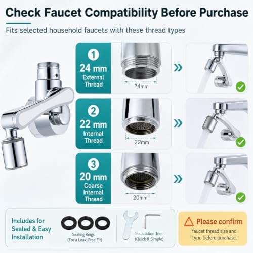 1080° Swivel Brass Faucet Extender, 2-Mode Filter, 20/22/24mm Adapters (Silver) - Image 3