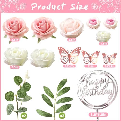 Flower Cake Toppers, Happy Birthday Rose Gold Cake Decorations with Artificial Flowers Butterfly Balls for Wedding Baby Shower Birthday Party Supplies (Pink) - Image 2