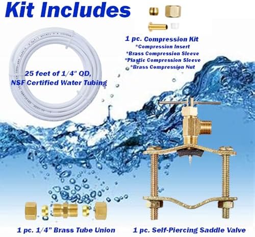 Ice Maker Water Line Kit for Refrigerator Water, Ice, and Reverse Osmosis Systems- NSF Certified, 25FT 1/4" OD Water line, Self Piercing Saddle Valve,1/4" OD Brass Compression Union - Image 2