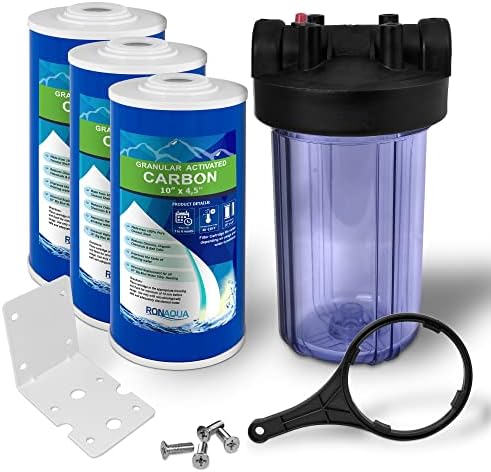High Capacity 10 x 4.5” Transparent Whole House Water Filter Purifier System with Presser Relief Button 1” Inlet/Outlet Bass Port & Yearly Supply (3) Granular Coconut Shell Activated Carbon Cartridges by Ronaqua