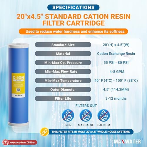 (1 Pack) Calcium, Magnesium TDS Hardness Reduction Water Softening 20" x 4.5" Cation Resin Filter Compatible with 20" BB Whole House Water Filter Systems - Image 2
