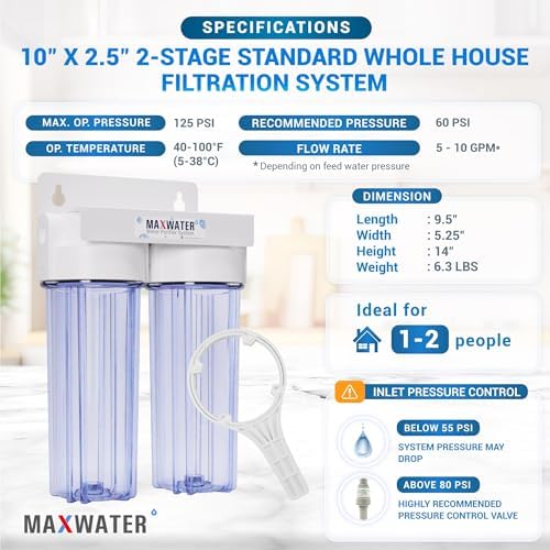 Max Water 10" 2 Stage Whole House Standard Home Water Filter System 3/4" Inlet Clear Filter Housing Variation, Supports 10" x 2.5" Water Filters (Clear, NO Filters) - Image 2