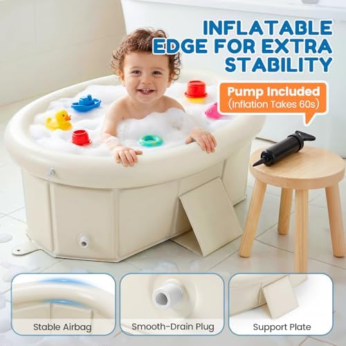 Orzbow Portable Toddler Bathtub with Inflatable Top Edge & Side Drain Plug - Image 5