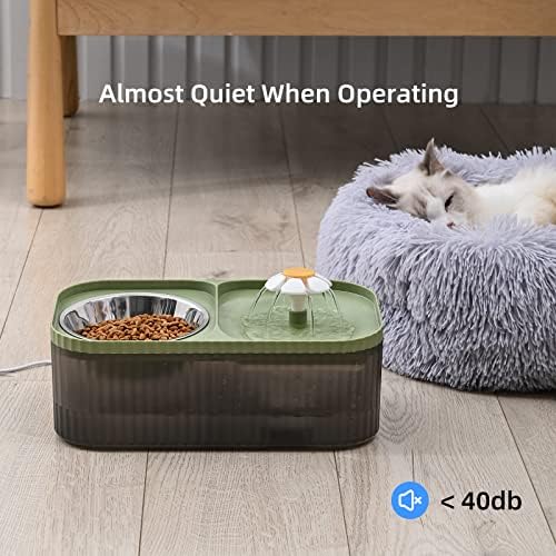 Cat Water Fountain and Food Bowl, 3L/101oz Ultra Quiet Pet Water Dispenser with Smart Pump and 3 Replacement Filters, Automatic Flower Fountain & Stainless Steel Bowl (Black & Green) - Image 5