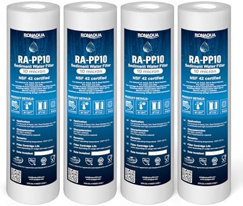 Ronaqua 10 Micron Sediment Water Filter Cartridge 10"x2.5", NSF Certified, 4-Layer Filtration for any 10-inch RO Units & Whole House Systems, Compatible with Culligan P5, AP110, WHKF-GD05, 4 Pack by Ronaqua