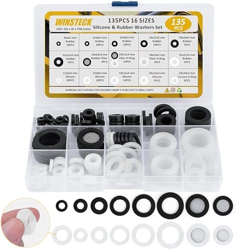 135 PCS Rubber & Silicone Hose Washers Kit, 16 Sizes with Screen Filter by WINSTECK