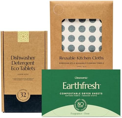CLEANOMIC Reusable Kitchen Cloth, Dishwasher Pods & Fabric Softener Sheets Bundle by Cleanomic
