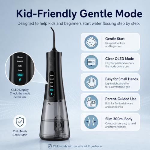 MOCEL Cordless Water Dental Flosser for Teeth, 300ML Portable Oral Irrigator with OLED Display and Child Mode, 5 Pressure Settings, 6 Tips, USB-C, IPX7 Waterproof, Braces and Family Care, Black - Image 3