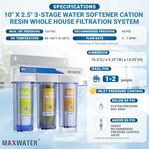 Max Water 3 Stage Water Softening10 inch Standard Water Filtration System for Whole House - Sediment + Cation Resin + GAC - ¾ Inlet/Outlet - Model : WH-SC8 - Image 2