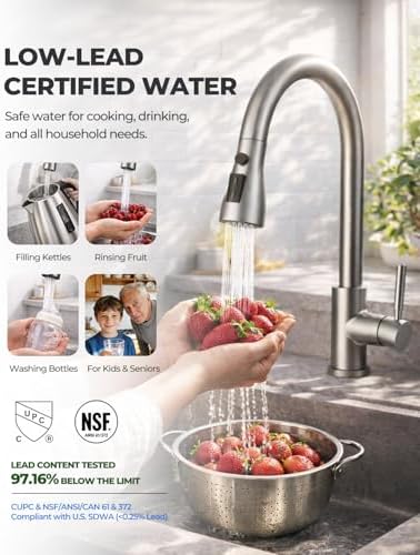WEWE Pull-Down Kitchen Faucet, 3-Mode Sprayer, Brushed Nickel, High Arc - Image 4