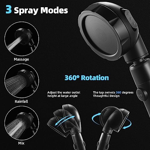 Marbrasse High Pressure Shower Head, 3-Settings Handheld Showerhead with ON/Off Full Shutoff Push Button and Switch to Control Flow, Angle-Adjustable Water Saving Body Sprays (Matte Black) - Image 2