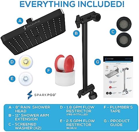 SparkPod Square Rain Shower Head with Extension Arm - Height Adjustable Shower Head with High Pressure Performance - Easy 1-Minute Installation (8" Square, Midnight Black Matte) - Image 7