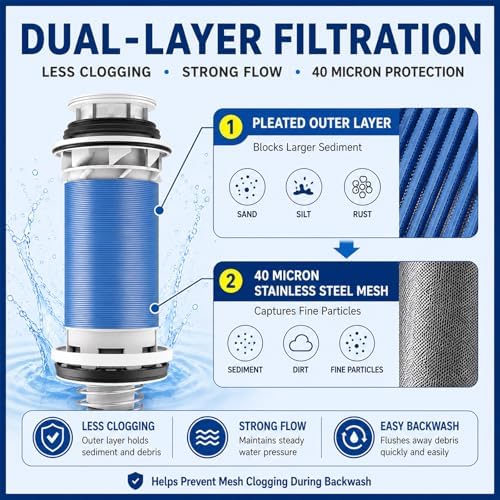 Whole House Spin Down Sediment Filter, 40 Micron Dual-Layer Flushable Pre-Filter for Well & City Water, Anti-Clog Design, Horizontal/Vertical Installation, Reusable Brass Water Filter - Image 3