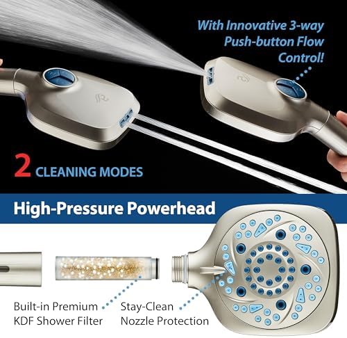 AquaCare High Pressure 10 Spray Mode Filtered Showerhead - Handheld Shower Head Filters Chlorine to Heal Dry Skin, Revive Hair - Dual Power Wash Cleans Tub, Tile, Pets - Hard Water Softener, Nickel - Image 5