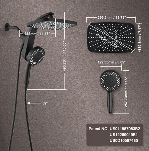 Rain Shower Head with Handheld Showerhead, Black 1.8GPM 460311 - Image 3