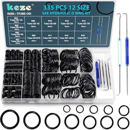 KEZE 335 Pcs Hydraulic O-Ring SAE 900 Series 12 Size Buna-N 70A Inch O Rings Seal Kit for Hydraulic Fitting,Straight Thread Tube Fittings,Cylinders,BOSS ORB Fittings by KEZE