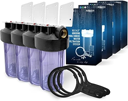 High Capacity 10 x 4.5” Whole House Filter Purifier System for Well or City Water, Presser Relief Button, 1” NPT Brass Port, Double O-Ring, Meets NSF Standards & Regulations (Transparent, 4 Sets) by Ronaqua