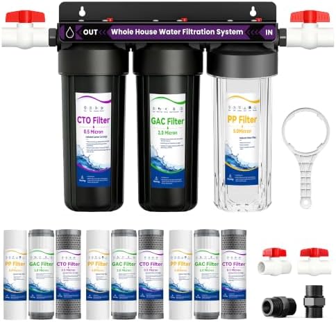 3-Stage Whole House Water Filter System, Reduces Se diment, Odor & Chlorine, 3/4" Inlet/Outlet, with Extra 2 Sets of Filters,for Apartment & Home, 10" x 2.5" Triple Pre-Filtration (PP + GAC + CTO) by Unknown